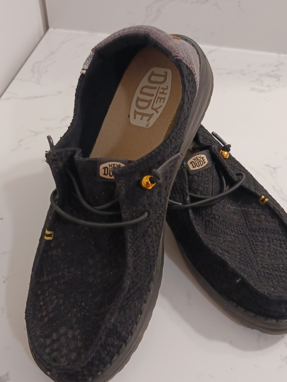 Hey Dude Black Woven Knit Slip-On Loafers with Gold Accents